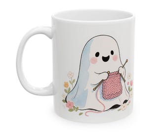 Ghost Knitting Mug, Adorable Crochet Cup for Crafters