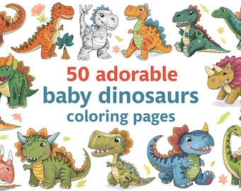 May include: A collection of colorful, cartoon baby dinosaurs in various poses. The image includes the text "50 adorable baby dinosaurs coloring pages". The dinosaurs are in shades of orange, green, blue, and yellow, with some in black and white.