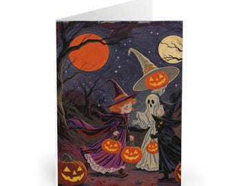 Vintage Halloween Greeting Card Set: Witch & Ghost Trick or Treat - 5 Pack