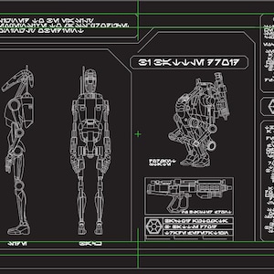 May include: A schematic diagram on a black background, featuring detailed white line drawings of a droid in multiple views. The diagram includes technical text and measurements, with red and green grid lines.