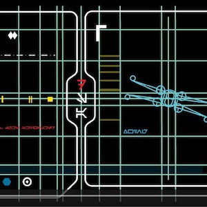 Könnte beinhalten: Ein schwarzer Bildschirm mit einem Rastermuster und verschiedenen Symbolen in Weiß, Blau und Gelb. Das Bild zeigt ein Schema eines Raumschiffs mit Text und numerischen Daten. Das Gesamtdesign erinnert an eine futuristische Benutzeroberfläche.