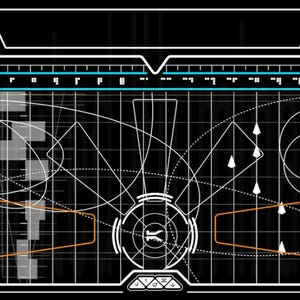 Può includere: Design di interfaccia digitale con sfondo nero, con forme geometriche, linee bianche e arancioni e una bussola circolare. Il design include una griglia, una barra blu e un elemento circolare rosso e bianco.