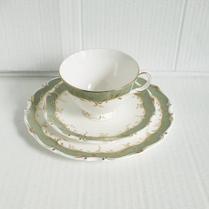 Vintage Royal Doulton Fontainebleau Green Pattern 3- Piece Set. Teacup, Saucer and 8&quot; Salad Plate. Discontinued Pattern. Circa. 1965-1978.