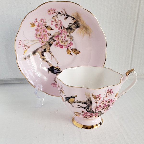 Vintage Queen Anne Pattern No. T007 Cherry Blossoms English Bone China Footed Cup and Saucer Set. Damaged
