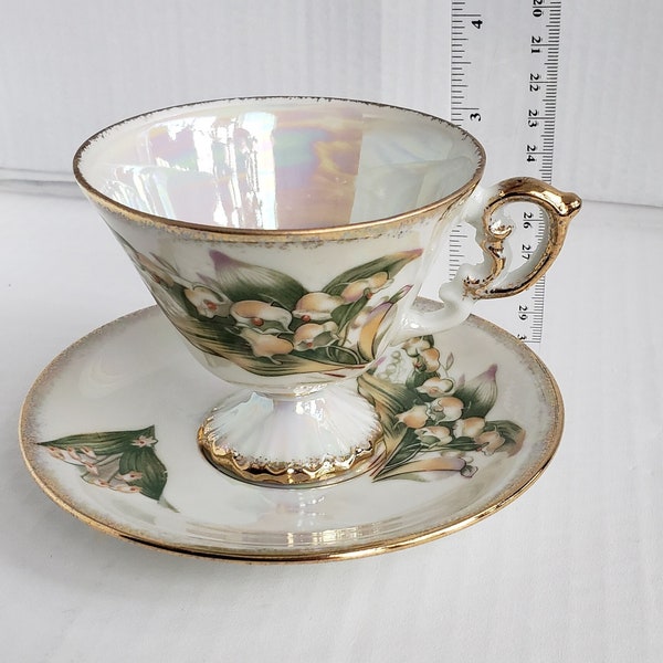 Vintage Lusterware Birthday Line May-Lilly of the Valley Footed Cup and Saucer Set