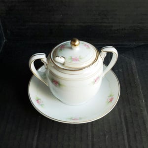Vintage Noritake Mystery #117 Pattern 6&quot; Covered Sugar Dish with Spoon and Saucer. Discontinued Piece. Circa 1925
