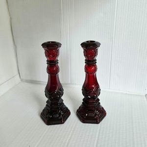 Vintage Avon Cape Cod Ruby Taper Holder Candlestick Cologne Bottle Set 8.5". Set of 2. Discontinued. Circa 1975-1992.