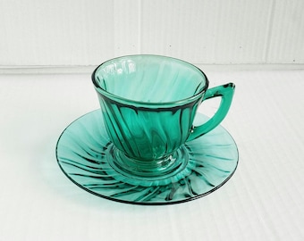 Vintage Jeannette Glass Swirl Ultramarine Cup and Saucer Set (Smooth) 5-7/8". Discontinued Piece. Circa 1937-1938.
