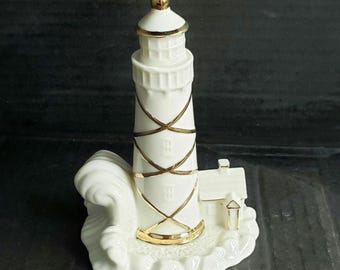Vintage Lenox Lighthouse 5". Classic Ivory Collection. 24k Gold Accents. Discontinued. Circa 1990's.