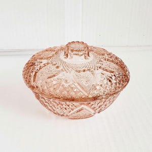 Vintage Pink Glass Candy Box & Lid 5". Cross Hatch Hearts and Roses. Discontinued.
