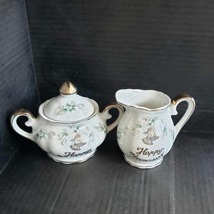 Vintage 4.5&quot; Lefton Japan Anniversary Pattern Mini Creamer and Sugar Dish Set. Original Label No. 1641 Discontinued Pattern