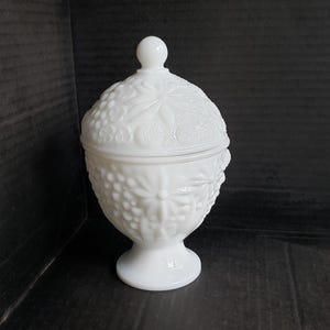 Vintage Avon Milk Glass Floral Footed Candy Dish with Lid 6.25&quot;. No. AVC3. Discontinued.