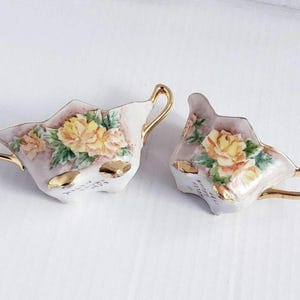 Vintage Helen Brown 2" Hand Painted Porcelain Sugar and Creamer Dish Set. Artist Signed. Circa 1959.