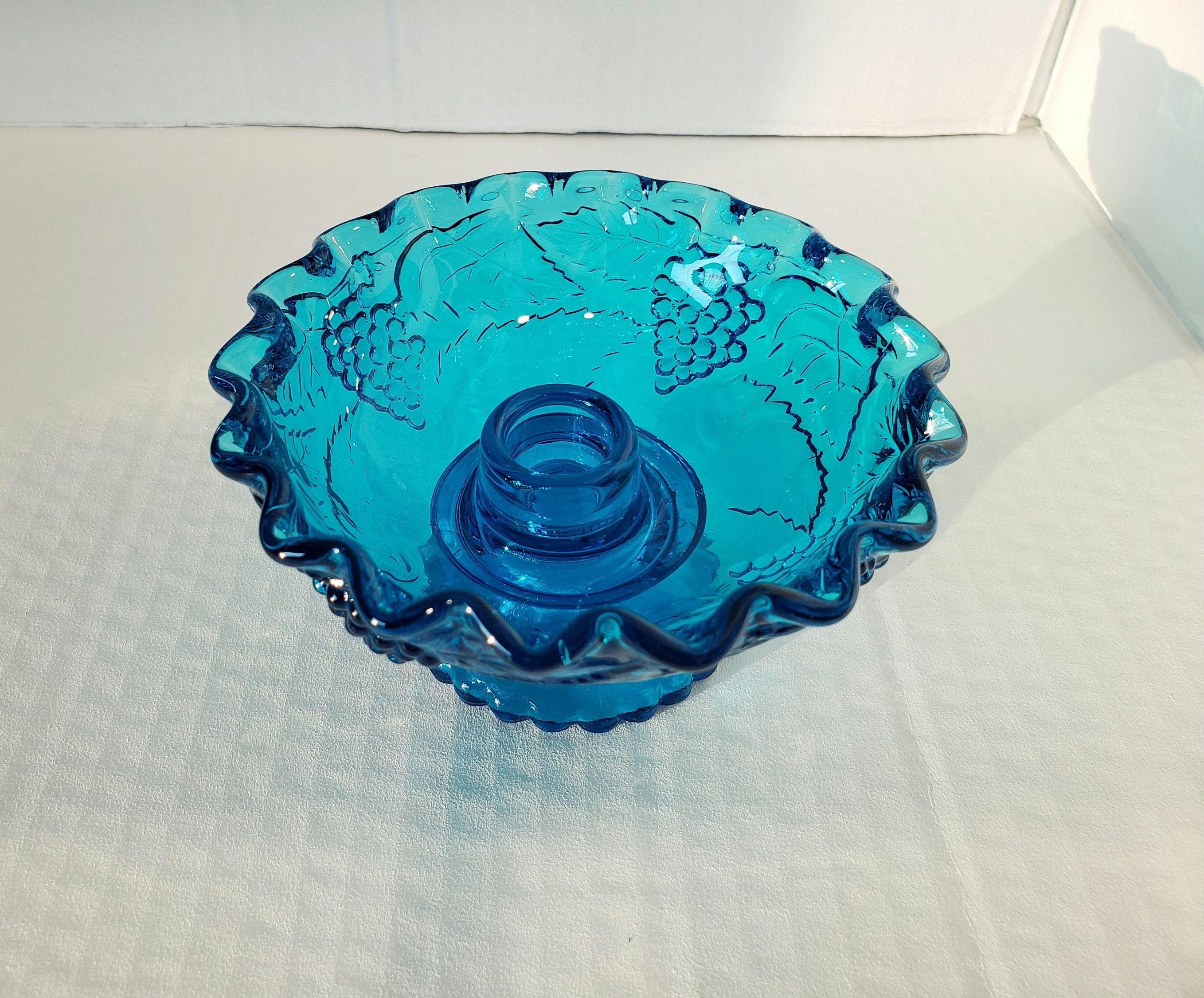 Vintage Indiana Glass Grape Cluster Pattern Blue Taper Candle