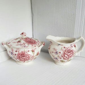 Vintage Johnson Brothers Rose Chintz Pink (&quot;Made in England&quot; Mark) Creamer and Covered Sugar Dish Set. Discontinued Pattern. Circa 1930-2003