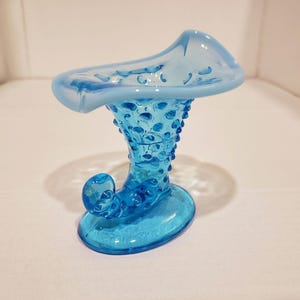 Vintage Fenton Glass 3.5&quot; Blue Opalescent Hobnail Miniature Cornucopia No. 3971. Discontinued Piece. Circa 1953