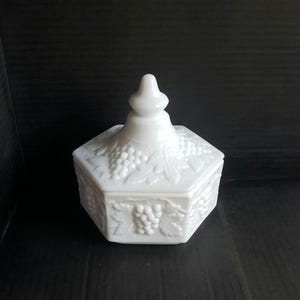 Vintage Imperial Glass Grape Milk Glass Pattern Candy Dish with Lid 5-3/8&quot;. Discontinued Piece. Circa 1950.