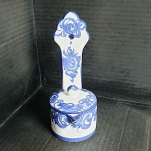 Vintage 6.5&quot; Blue and White Porcelain Hanging Salt Box. Tiny Chip inside Lid.