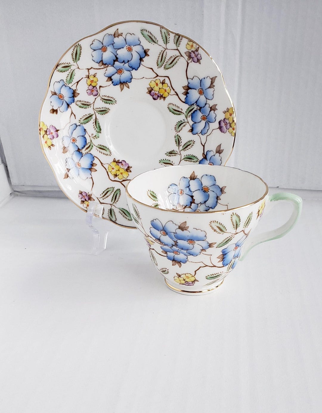 Vintage Foley China Springdale Blue Pattern Footed Cup and Saucer Set ...