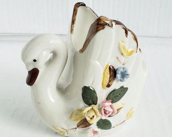 Vintage Floral Porcelain Swan Figurine 3.5". Discontinued Piece.