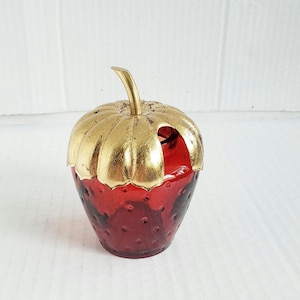 Vintage Avon 3.75&quot; Red Glass Apple Strawberry Gelee Bubble Bath Jar. Missing Spoon. Wear to Lid. Discontinued Piece.
