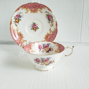 Vintage Paragon Rockingham Pink Pattern Footed Cup and Saucer Set. Discontinued Pattern. Circa 1923.