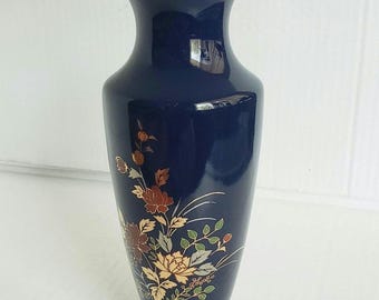 Vintage Cobalt Blue  Oriental Bud Vase with Floral Design 8".