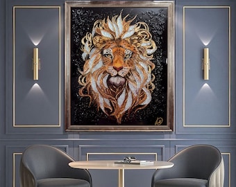 Wandbild Löwe Gold – Struktur Bild Tiere, Gemälde Wohnzimmer & Schlafzimmer, Geschenk für Mann, moderne Wandkunst