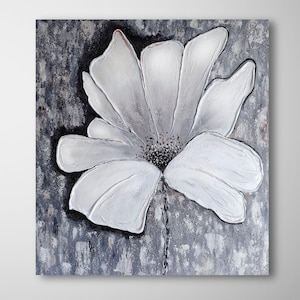 Moderne wanddecoratie met 3D-bloemenstructuur | Handgeschilderd acrylverfschilderij op canvas, wit en grijs | Huwelijksgeschenk | Schilderij met textuurpasta