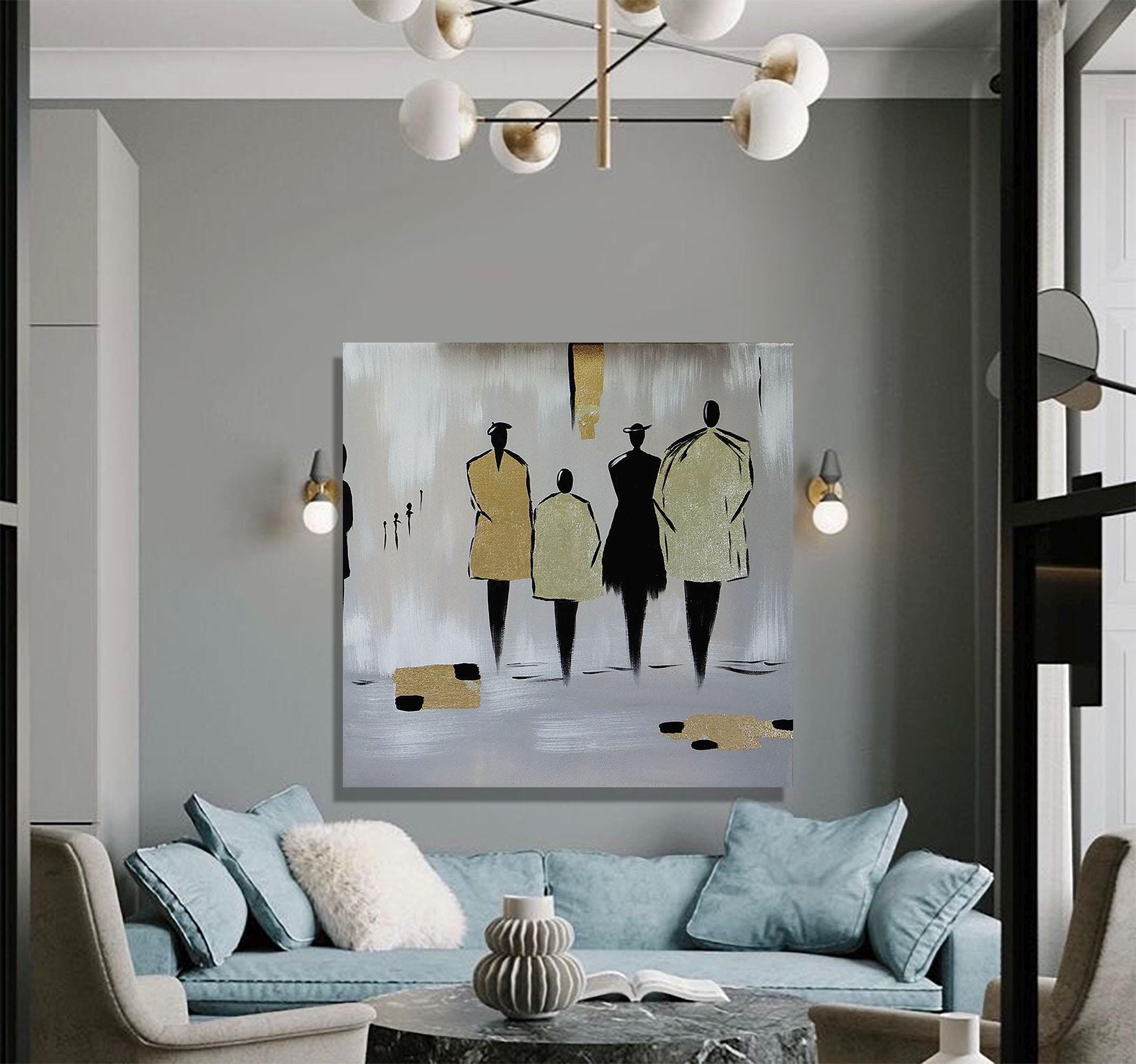 Painting Gold Abstract Wall Picture Light Gray Canvas Gold Foil Art Modern Picture Living Room Golden Acrylic Painting Large Art for Hotel