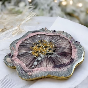 Resin Tablett  Rund Silber mit Edelsteinen, Hochzeitsgeschenk Dekoteller, Bar Dekoration Rustikal