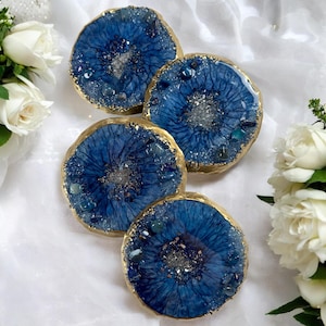 Untersetzer Set blau Epoxidharz Glasuntersetzer  Edelsteinen kreative Tischdekoration Geschenk Geburtstag