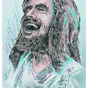 May include: A digital art illustration of a man with long hair laughing. The background is a light blue with a green and purple pattern. The text "Jesus Laughing" is at the bottom of the image.