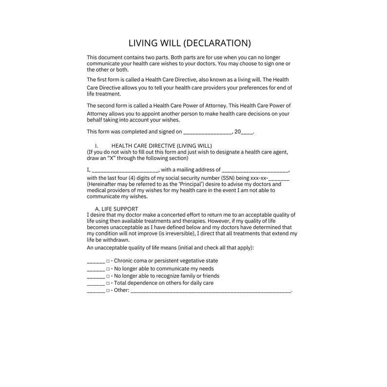 Printable Living Will Form, Editable in Canva Living Will Declaration, Digital Pdf Download - Etsy