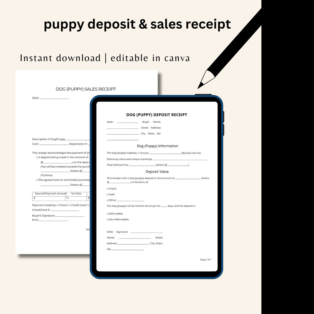 Printable Puppy Sales Receipt, Puppy Deposit Reciept, Puppy Sale ...