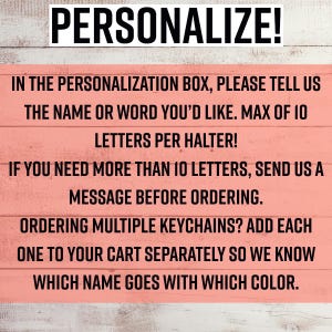 May include: A rectangular sign with a light coral background and horizontal wood grain texture. The text reads: PERSONALIZE! IN THE PERSONALIZATION BOX, PLEASE TELL US THE NAME OR WORD YOU&rsquo;D LIKE. MAX OF 10 LETTERS PER HALTER! IF YOU NEED MORE THAN 10 LETTERS, SEND US A MESSAGE BEFORE ORDERING. ORDERING MULTIPLE KEYCHAINS? ADD EACH ONE TO YOUR CART SEPARATELY SO WE KNOW WHICH NAME GOES WITH WHICH COLOR.