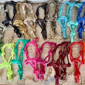 May include: A selection of colourful rope horse halters with keychains. The halters are in various colours, including white, black, tan, brown, teal, blue, pink, burgundy, orange, and yellow. Each halter has a metal clasp and a keyring.