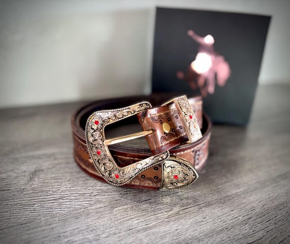 Handmade Leather Belt With Buckle, Tooled Leather Belt  display picture 3