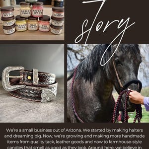 May include: A collage featuring a stack of small glass jar candles with various labels, a dark brown leather belt with ornate silver-toned metal buckles and hardware, and a black horse wearing a braided rope halter with dark red accents.