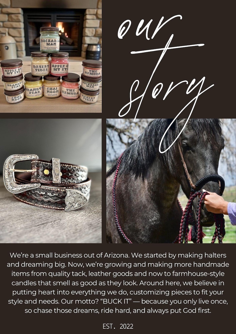 May include: A collage featuring a stack of small glass jar candles with various labels, a dark brown leather belt with ornate silver-toned metal buckles and hardware, and a black horse wearing a braided rope halter with dark red accents.