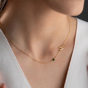 Initial Birthstone Necklace, Tiny Side Letter Necklace, Personalized Necklace, Birthstone Necklace, Silver Bridesmaid Gift, Sideways Initial