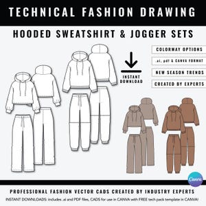 Bundle: 2 x Sweatshirt and Jogger Sets CADS & CANVA Tech Pack Template - Technical Fashion Drawing, Trouser Garment Flat Sketch Illustrator