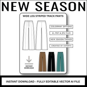 CAD Wide Leg Track Pants Technical Drawing, Trouser Flat Sketch, Garment Fashion Design Template, Clothing Vector File AI for Tech Pack Spec
