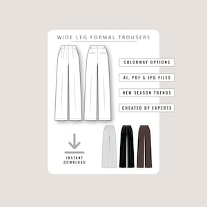 Trouser Technical Drawing CAD, Wide Leg Tailored Pants Flat Sketch, Garment Drawing, Fashion Design Template, Women Clothing Vectors