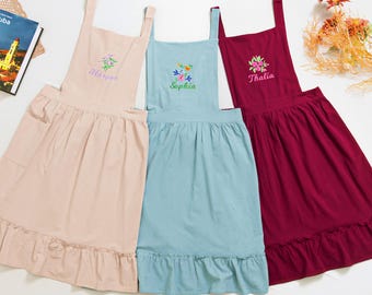 Personalized Vintage Apron for Women, Custom Embroidered Name & Floral, Ruffle Hem and Pocket, Gift for Her