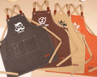 Embroidered Canvas Apron for Dad, Custom BBQ Bartender Chef Apron
