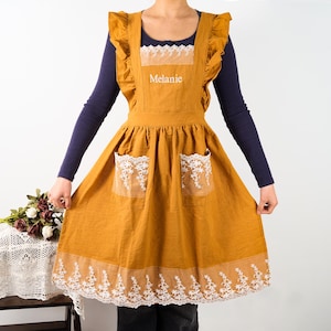 Cotton Lace Apron for Women, Personalized Embroidery Name Apron for Kitchen, Baking apron with Lace Pocket, Aesthetic Apron, Gift for Her