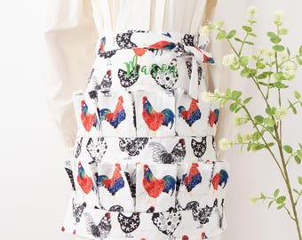 Embroidered Egg Gathering Apron: Farmhouse Rooster Design, Adult & Kids Sizes, Easter    Gift for Housewife