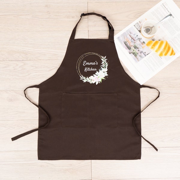 Personalized Name Apron for Kids, Kids Art Smock, Custom Cooking Apron with Pocket, Printed Apron, Gift for Kids, Kids Floral Wreath Apron