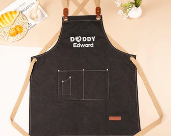 Personalized Canvas Apron for Men, Kitchen Apron with Adjustable Strap & Pockets, Barbeque Grilling Pinafore